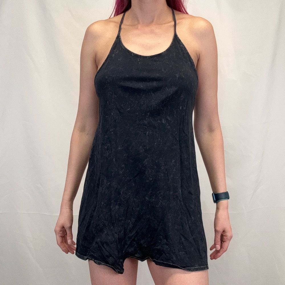 Women's Casual Tie Dye Halter Mini Dress Medium Black Stretch Cotton